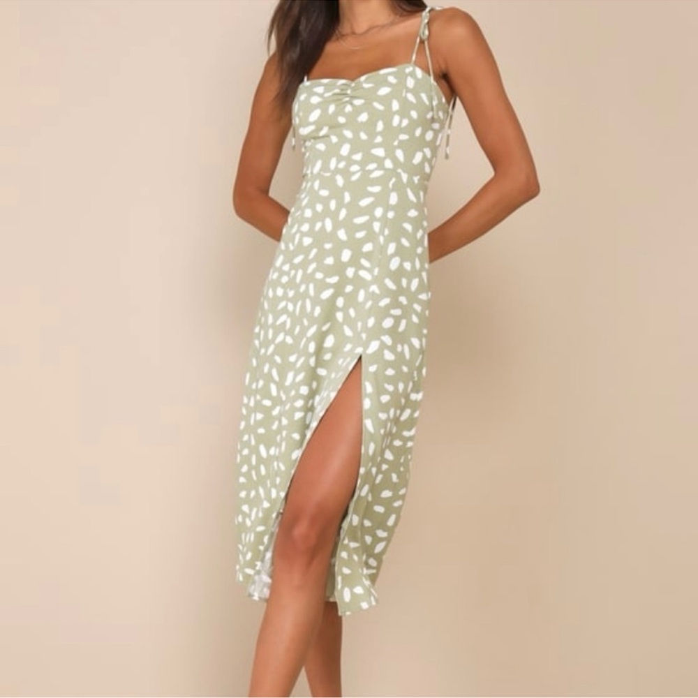 Party in Paris Sage Green Print Tie-Strap Summer Midi Dress